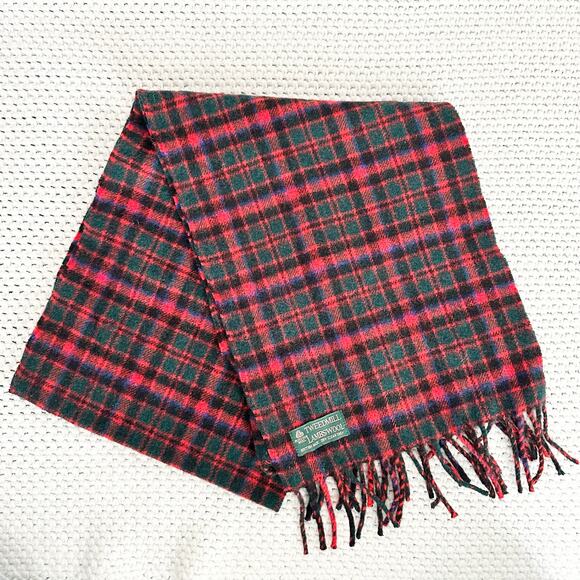 Tweedmill Lambswool British Made Red Green Tartan Fringe Trim Long Scarf Vintage - Picture 1 of 5